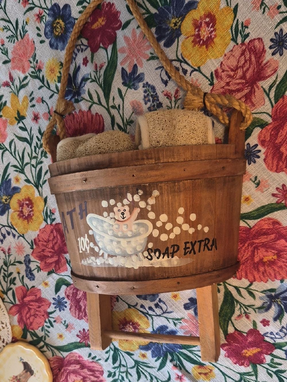 Wooden Hanging Bath Caddy with Rope Handle - Brown